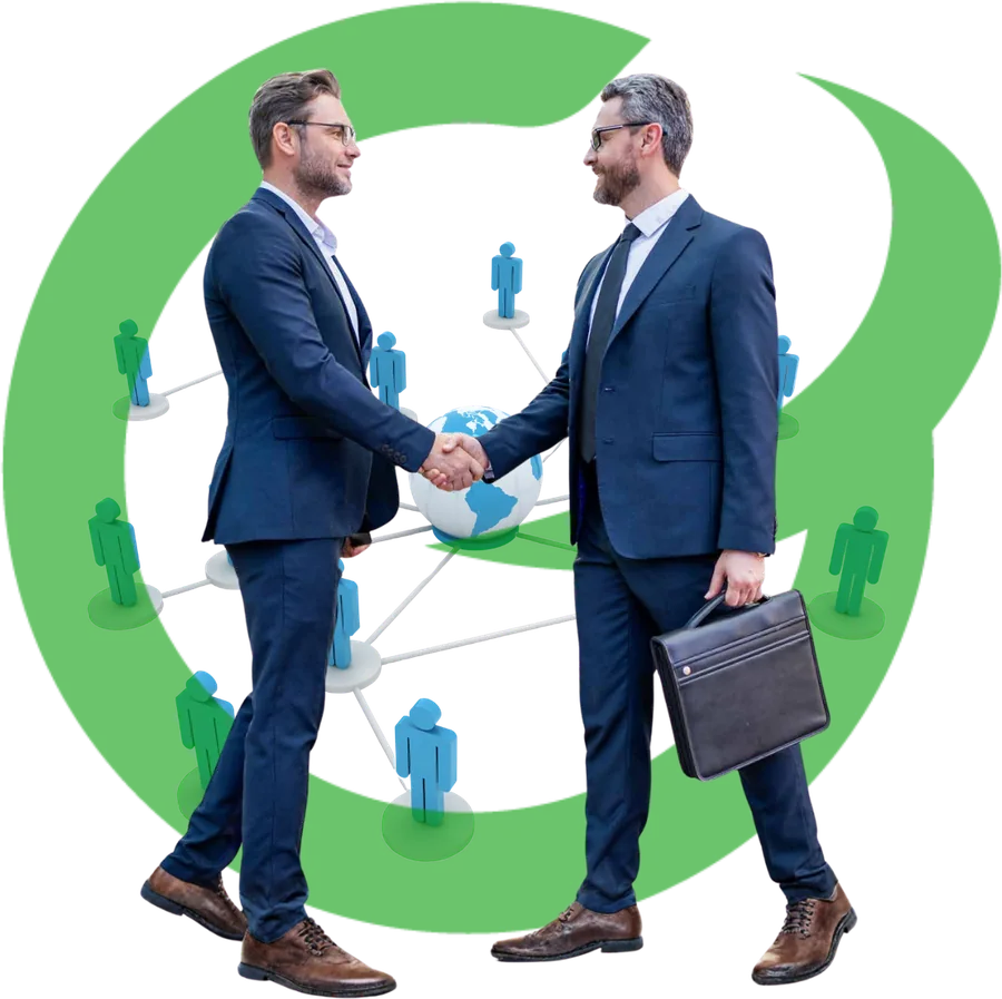 Two business partners shaking hands, framed by the Go Global Commercial G