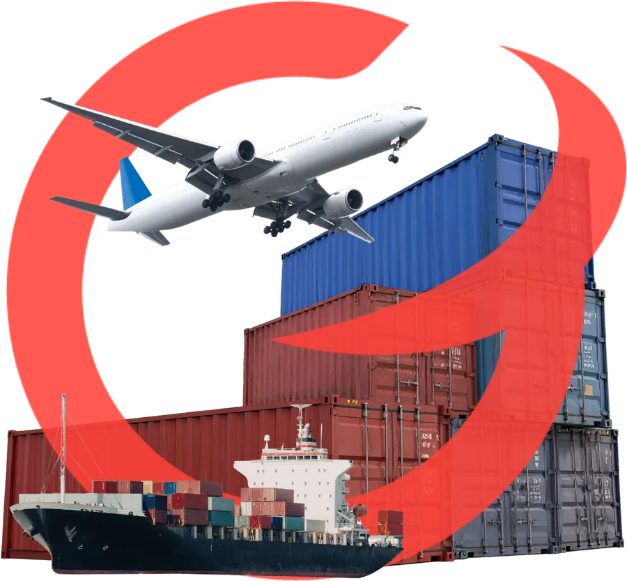 Cargo plane, ship and containers, framed by the Go Global Logistics G