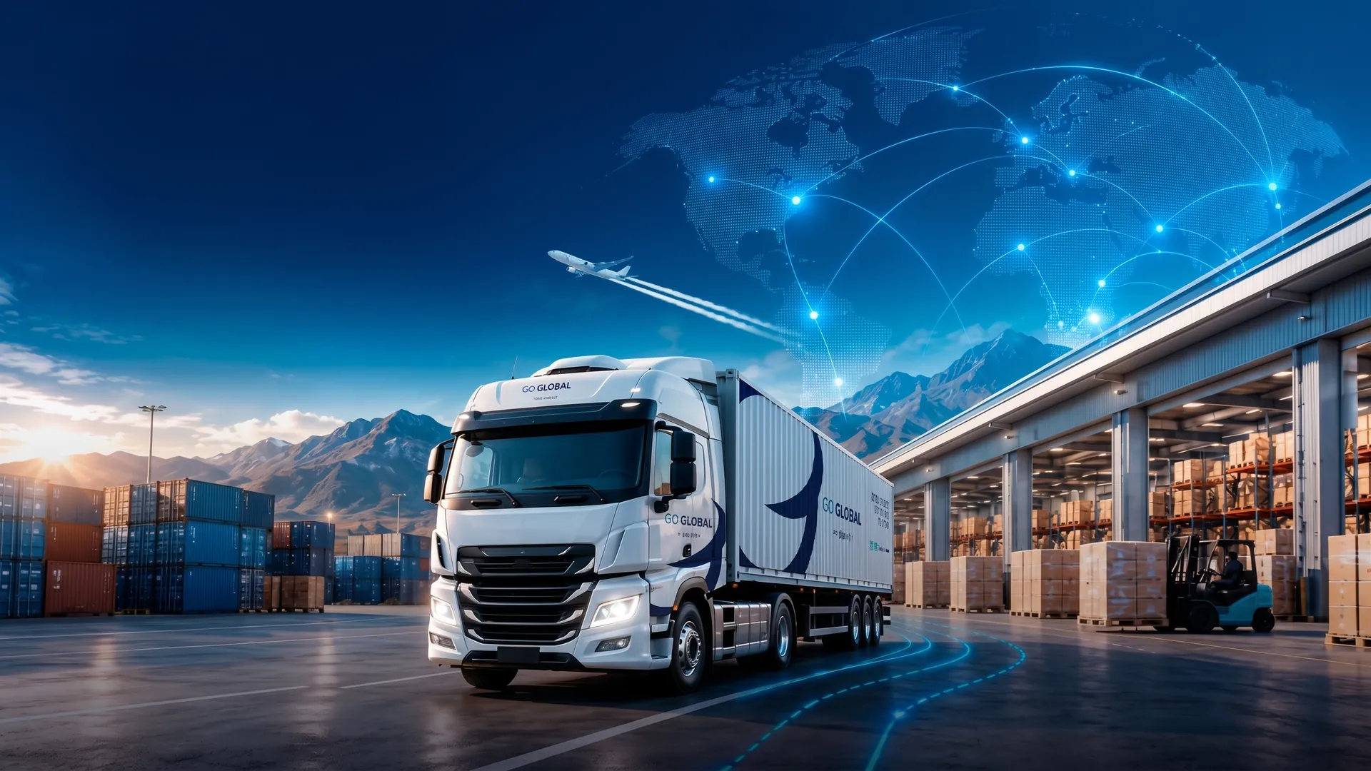 Go Global branded truck leaving a warehouse, with a global logistics network over the sky