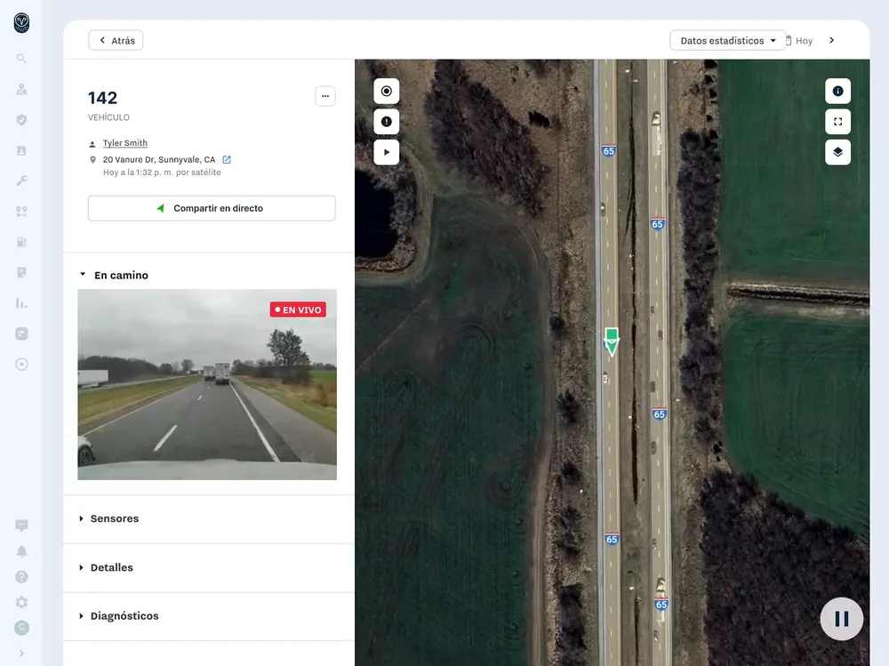 Samsara fleet dashboard showing a vehicle in real time with live dash cam and GPS map